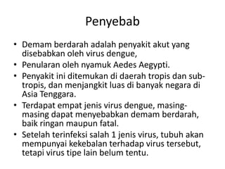 Penyebab
• Demam berdarah adalah penyakit akut yang
disebabkan oleh virus dengue,
• Penularan oleh nyamuk Aedes Aegypti.
• Penyakit ini ditemukan di daerah tropis dan sub-
tropis, dan menjangkit luas di banyak negara di
Asia Tenggara.
• Terdapat empat jenis virus dengue, masing-
masing dapat menyebabkan demam berdarah,
baik ringan maupun fatal.
• Setelah terinfeksi salah 1 jenis virus, tubuh akan
mempunyai kekebalan terhadap virus tersebut,
tetapi virus tipe lain belum tentu.
 