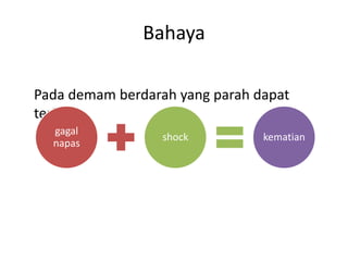 Bahaya
Pada demam berdarah yang parah dapat
terjadi
gagal
napas
shock kematian
 