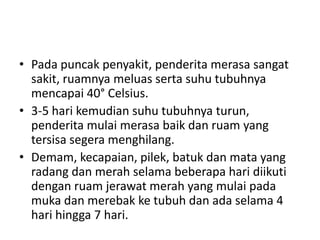 • Pada puncak penyakit, penderita merasa sangat
sakit, ruamnya meluas serta suhu tubuhnya
mencapai 40° Celsius.
• 3-5 hari kemudian suhu tubuhnya turun,
penderita mulai merasa baik dan ruam yang
tersisa segera menghilang.
• Demam, kecapaian, pilek, batuk dan mata yang
radang dan merah selama beberapa hari diikuti
dengan ruam jerawat merah yang mulai pada
muka dan merebak ke tubuh dan ada selama 4
hari hingga 7 hari.
 