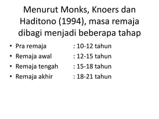 Menurut Monks, Knoers dan
Haditono (1994), masa remaja
dibagi menjadi beberapa tahap
• Pra remaja : 10-12 tahun
• Remaja awal : 12-15 tahun
• Remaja tengah : 15-18 tahun
• Remaja akhir : 18-21 tahun
 