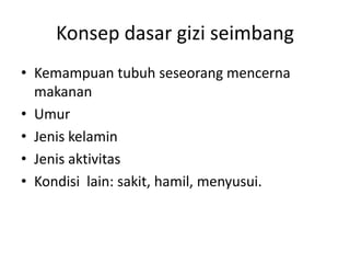 Konsep dasar gizi seimbang
• Kemampuan tubuh seseorang mencerna
makanan
• Umur
• Jenis kelamin
• Jenis aktivitas
• Kondisi lain: sakit, hamil, menyusui.
 