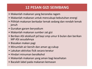 12 PESAN GIZI SEIMBANG
• Makanlah makanan yang beraneka ragam
• Makanlah makanan untuk mencukupi kebutuhan energi
• Pilihlah makanan berkadar lemak sedang dan rendah lemak
jenuh
• Gunakan garam beryodium
• Makanlah makanan sumber zat gizi
• Berikan ASI eksklusif pd bayi smp umur 6 bulan dan berikan
MP ASI sesudahnya
• Biasakan makan pagi
• Minumlah air bersih dan aman yg cukup
• Lakukan aktivitas fisik secara teratur
• Hindari minuman beralkohol
• Makanlah makanan yang aman bagi kesehatan
• Bacalah label pada makanan kemasan
 