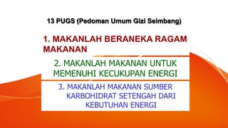 13 PUGS (Pedoman Umum Gizi Seimbang)
1. MAKANLAH BERANEKA RAGAM
MAKANAN
2. MAKANLAH MAKANAN UNTUK
MEMENUHI KECUKUPAN ENERGI
3. MAKANLAH MAKANAN SUMBER
KARBOHIDRAT SETENGAH DARI
KEBUTUHAN ENERGI
 