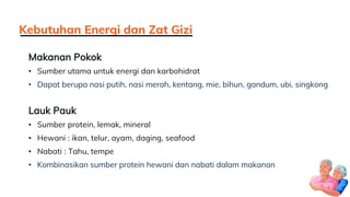 Makanan Pokok
• Sumber utama untuk energi dan karbohidrat
• Dapat berupa nasi putih, nasi merah, kentang, mie, bihun, gandum, ubi, singkong
Lauk Pauk
• Sumber protein, lemak, mineral
• Hewani : ikan, telur, ayam, daging, seafood
• Nabati : Tahu, tempe
• Kombinasikan sumber protein hewani dan nabati dalam makanan
Kebutuhan Energi dan Zat Gizi
 