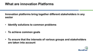 What are innovation Platforms
Innovation platforms bring together different stakeholders in any
sector
• Identify solutions to common problems
• To achieve common goals
• To ensure that the interests of various groups and stakeholders
are taken into account