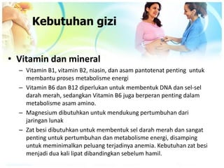 • Vitamin dan mineral
– Vitamin B1, vitamin B2, niasin, dan asam pantotenat penting untuk
membantu proses metabolisme energi
– Vitamin B6 dan B12 diperlukan untuk membentuk DNA dan sel-sel
darah merah, sedangkan Vitamin B6 juga berperan penting dalam
metabolisme asam amino.
– Magnesium dibutuhkan untuk mendukung pertumbuhan dari
jaringan lunak
– Zat besi dibutuhkan untuk membentuk sel darah merah dan sangat
penting untuk pertumbuhan dan metabolisme energi, disamping
untuk meminimalkan peluang terjadinya anemia. Kebutuhan zat besi
menjadi dua kali lipat dibandingkan sebelum hamil.
Kebutuhan gizi
 