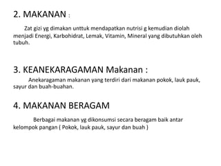 2. MAKANAN :
Zat gizi yg dimakan unttuk mendapatkan nutrisi g kemudian diolah
menjadi Energi, Karbohidrat, Lemak, Vitamin, Mineral yang dibutuhkan oleh
tubuh.
3. KEANEKARAGAMAN Makanan :
Anekaragaman makanan yang terdiri dari makanan pokok, lauk pauk,
sayur dan buah-buahan.
4. MAKANAN BERAGAM
Berbagai makanan yg dikonsumsi secara beragam baik antar
kelompok pangan ( Pokok, lauk pauk, sayur dan buah )
 