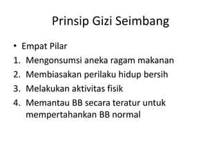 Prinsip Gizi Seimbang
• Empat Pilar
1. Mengonsumsi aneka ragam makanan
2. Membiasakan perilaku hidup bersih
3. Melakukan aktivitas fisik
4. Memantau BB secara teratur untuk
mempertahankan BB normal
 