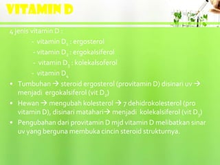 VITAMIN D
4 jenis vitamin D :
        - vitamin D1 : ergosterol
         - vitamin D2 : ergokalsiferol
         - vitamin D3 : kolekalsoferol
        - vitamin D4
• Tumbuhan  steroid ergosterol (provitamin D) disinari uv 
   menjadi ergokalsiferol (vit D2)
• Hewan  mengubah kolesterol  7 dehidrokolesterol (pro
   vitamin D), disinari matahari menjadi kolekalsiferol (vit D3)
• Pengubahan dari provitamin D mjd vitamin D melibatkan sinar
   uv yang berguna membuka cincin steroid strukturnya.
 