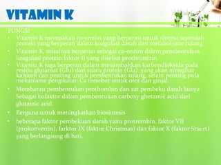 VITAMIN K
FUNGSI
• Vitamin K merupakan co-enzim yang berperan untuk sintesa sejumlah
  protein yang berperan dalam koagulasi darah dan metabolisme tulang.
• Vitamin K, misalnya berperan sebagai co-enzim dalam pembentukan
  koagulasi protein faktor II yang disebut prothrombin.
• Vitamin K juga berperan dalam menambahkan karbondioksida pada
  residu glutamat (Glu) dari suatu protein (Gla) yang akan mengikat
  kalsium dan penting untuk pembentukan tulang, selain penting pula
  mekanisme pengikatan Ca tersebut untuk otot dan ginjal.
• Membantu pembentukan prothombin dan zat pembeku darah lainya
  Sebagai kofaktor dalam pembentukan carboxy ghetamic acid dari
  glutamic acid.
• Berguna untuk meningkatkan biosintesis
• beberapa faktor pembekuan darah yaitu protrombin, faktor VII
  (prokonvertin), farktor IX (faktor Christmas) dan faktor X (faktor Stuart)
  yang berlangsung di hati.
 