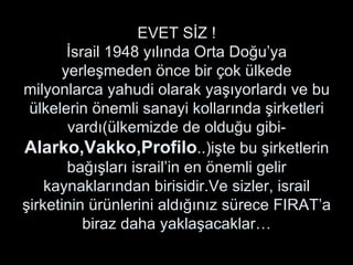 EVET SİZ ! İsrail 1948 yılında Orta Doğu’ya yerleşmeden önce bir çok ülkede milyonlarca yahudi olarak yaşıyorlardı ve bu ülkelerin önemli sanayi kollarında şirketleri vardı(ülkemizde de olduğu gibi- Alarko,Vakko,Profilo ..)işte bu şirketlerin bağışları israil’in en önemli gelir kaynaklarından birisidir.Ve sizler, israil şirketinin ürünlerini aldığınız sürece FIRAT’a biraz daha yaklaşacaklar… 