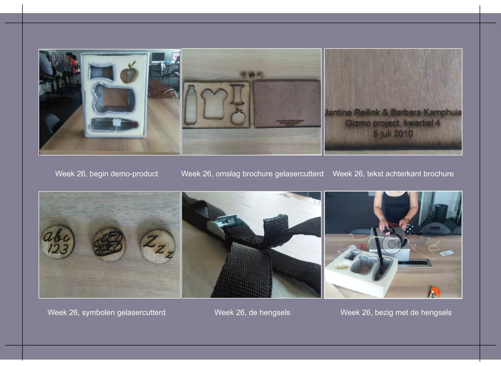 Week 26, begin demo-product      Week 26, omslag brochure gelasercutterd   Week 26, tekst achterkant brochure




Week 26, symbolen gelasercutterd            Week 26, de hengsels               Week 26, bezig met de hengsels
 