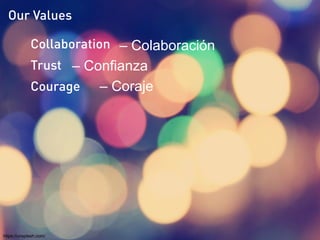 Impact Hub Global
???
Our Values
Trust
Courage
Collaboration – Colaboración
– Confianza
– Coraje
https://unsplash.com/
 