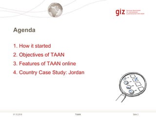 Slide 2
Agenda
TAAN01.10.2018
1. How it started
2. Objectives of TAAN
3. Features of TAAN online
4. Country Case Study: Jo...