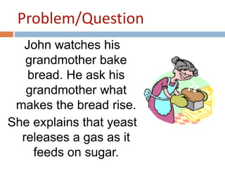 Problem/Question 
John watches his 
grandmother bake 
bread. He ask his 
grandmother what 
makes the bread rise. 
She explains that yeast 
releases a gas as it 
feeds on sugar. 
 