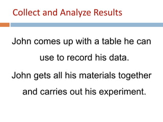 Collect and Analyze Results 
John comes up with a table he can 
use to record his data. 
John gets all his materials together 
and carries out his experiment. 
 