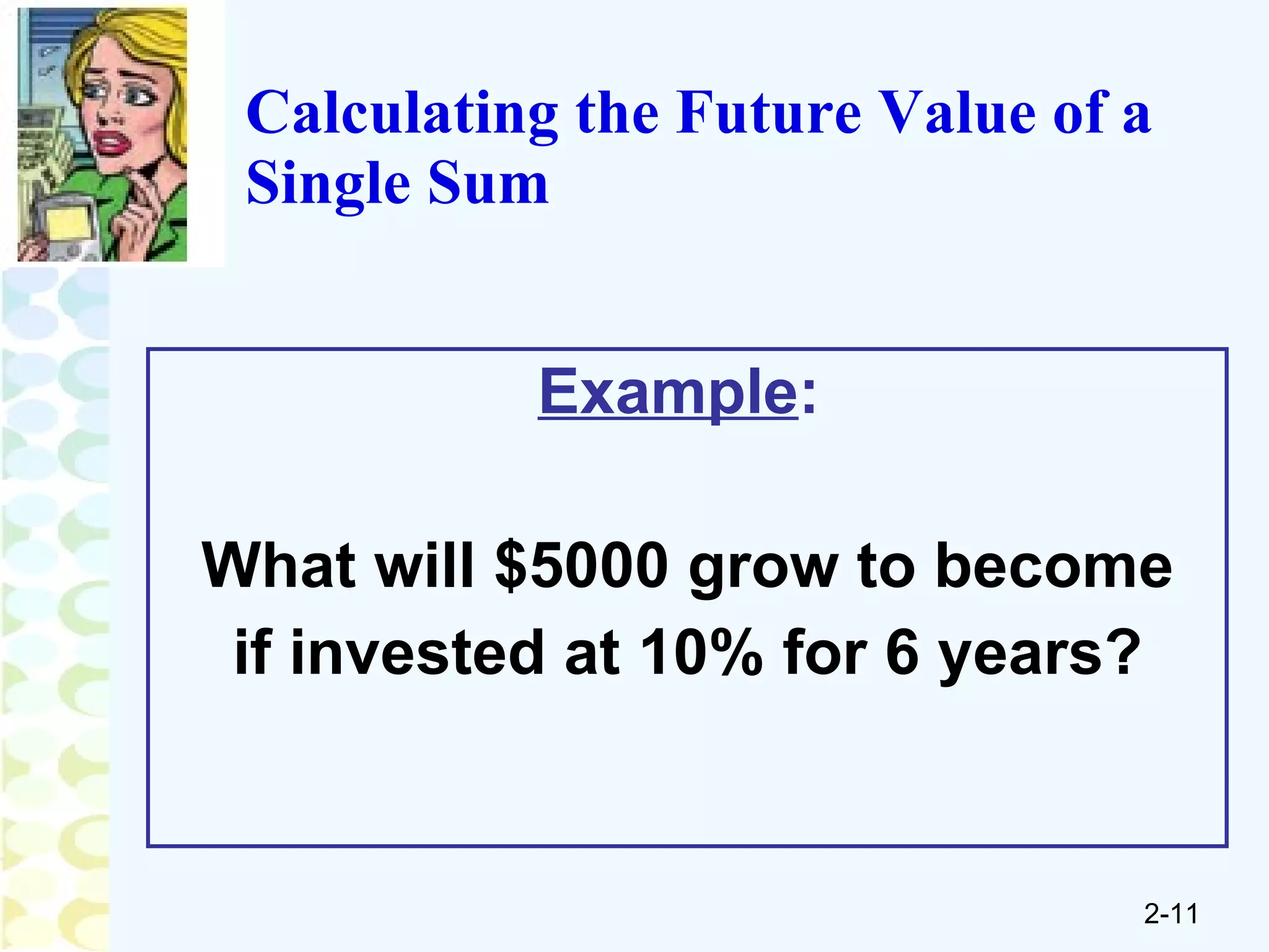 Calculating the Future Value of a Single Sum Example :   What will $5000 grow to become  if invested at 10% for 6 years? 