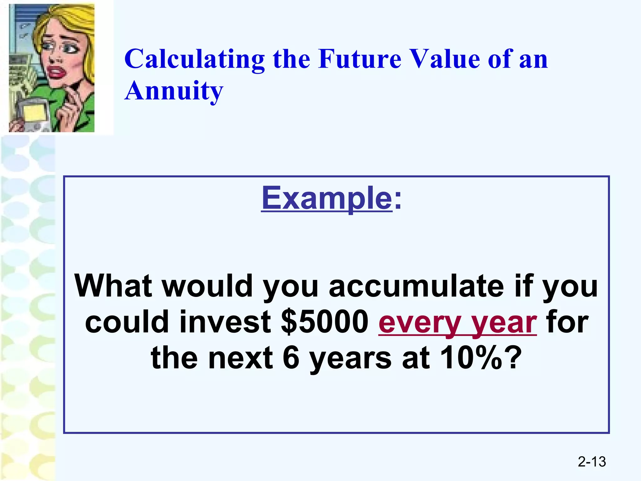 Calculating the Future Value of an Annuity Example :   What would you accumulate if you could invest $5000  every year  for the next 6 years at 10%? 