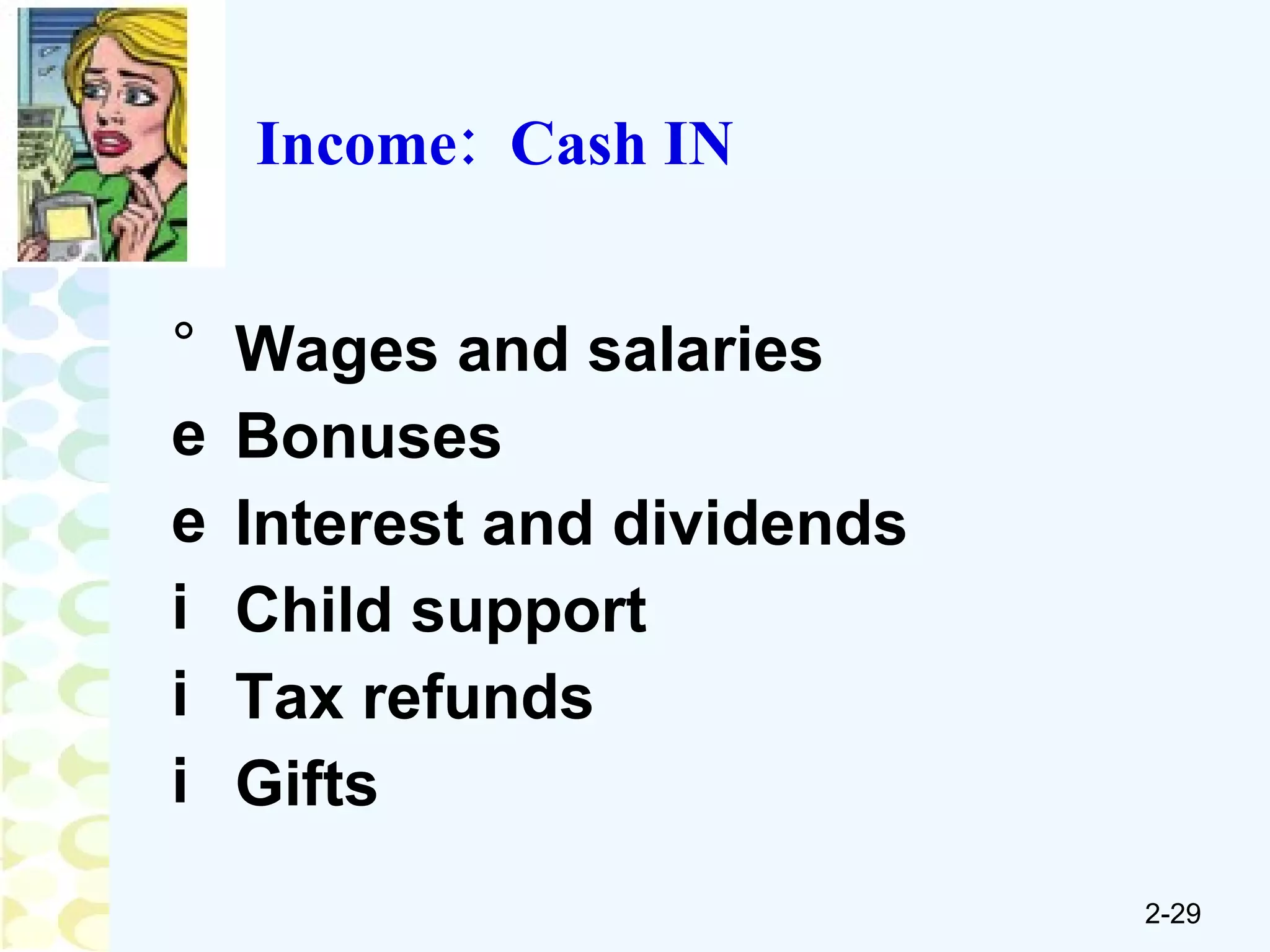 Income:  Cash IN Wages and salaries Bonuses Interest and dividends Child support Tax refunds Gifts 