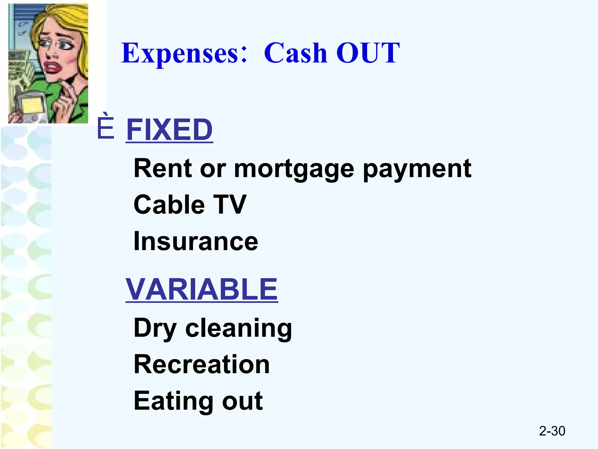 Expenses:  Cash OUT FIXED Rent or mortgage payment Cable TV Insurance  VARIABLE Dry cleaning Recreation Eating out 