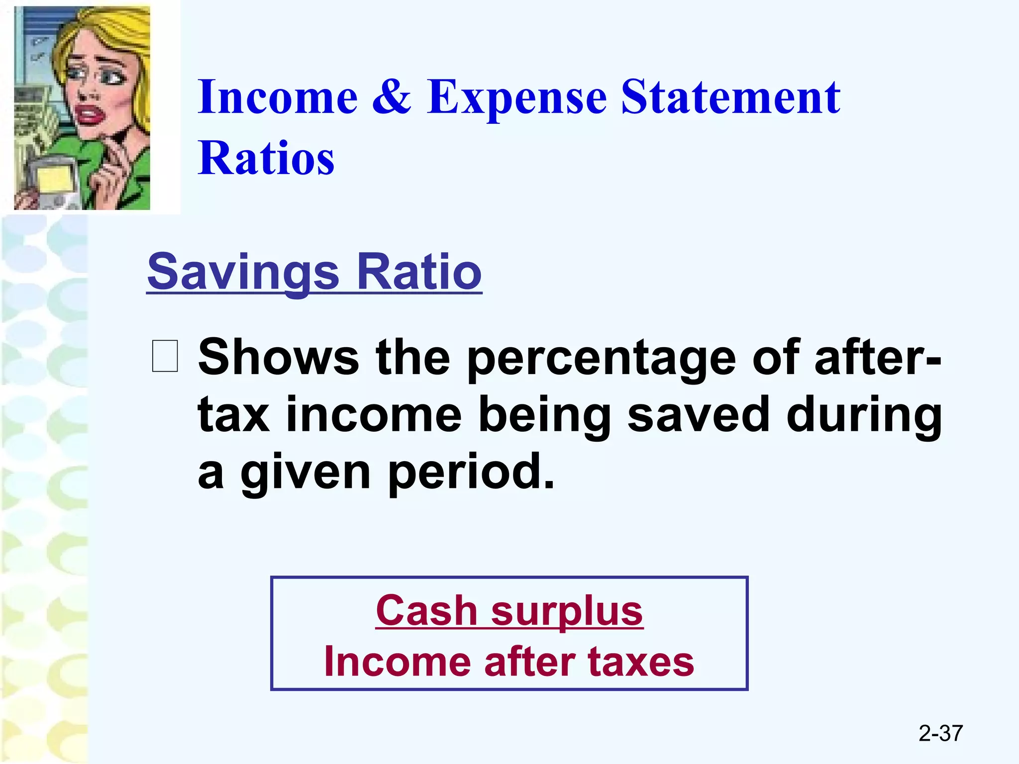 Savings Ratio Shows the percentage of after-tax income being saved during a given period. Income & Expense Statement Ratios Cash surplus Income after taxes 
