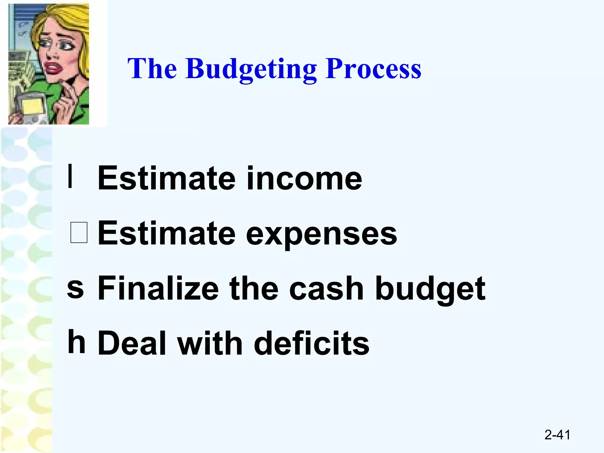 The Budgeting Process Estimate income Estimate expenses Finalize the cash budget Deal with deficits  