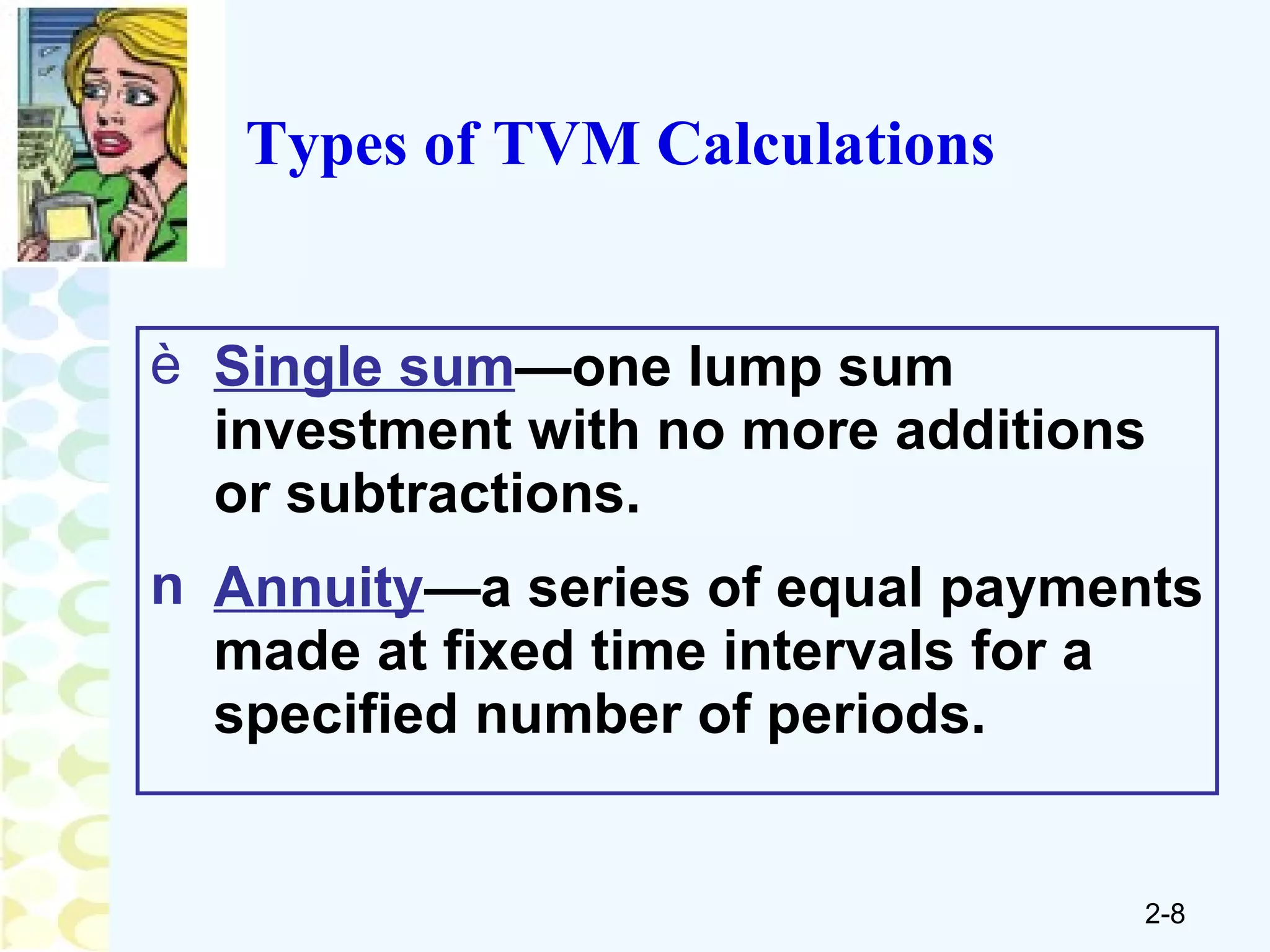 Types of TVM Calculations Single sum —one lump sum investment with no more additions or subtractions. Annuity —a series of equal payments made at fixed time intervals for a specified number of periods. 