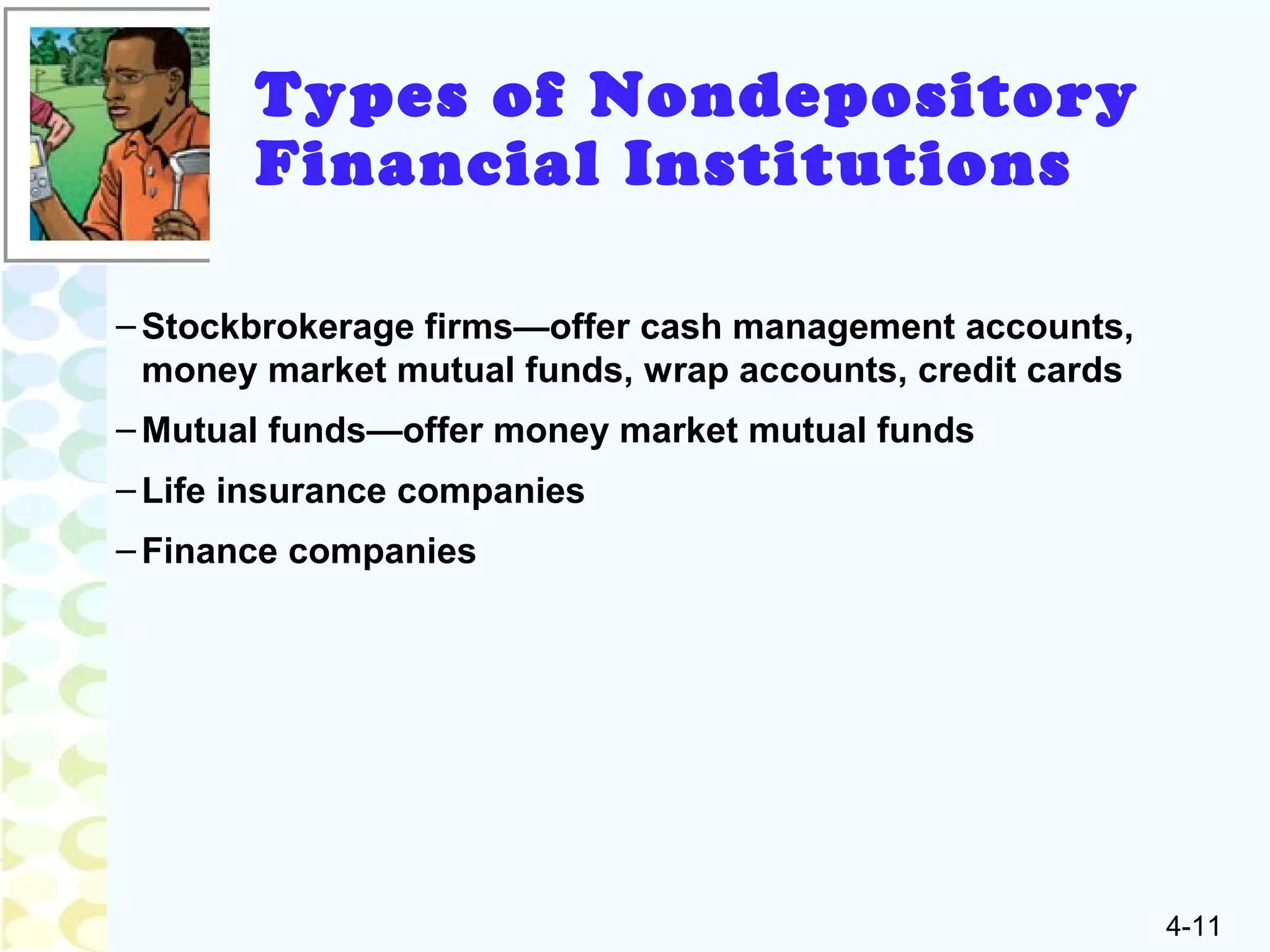 4-11
Types of Nondepository
Financial Institutions
–Stockbrokerage firms—offer cash management accounts,
money market mutual funds, wrap accounts, credit cards
–Mutual funds—offer money market mutual funds
–Life insurance companies
–Finance companies
 
