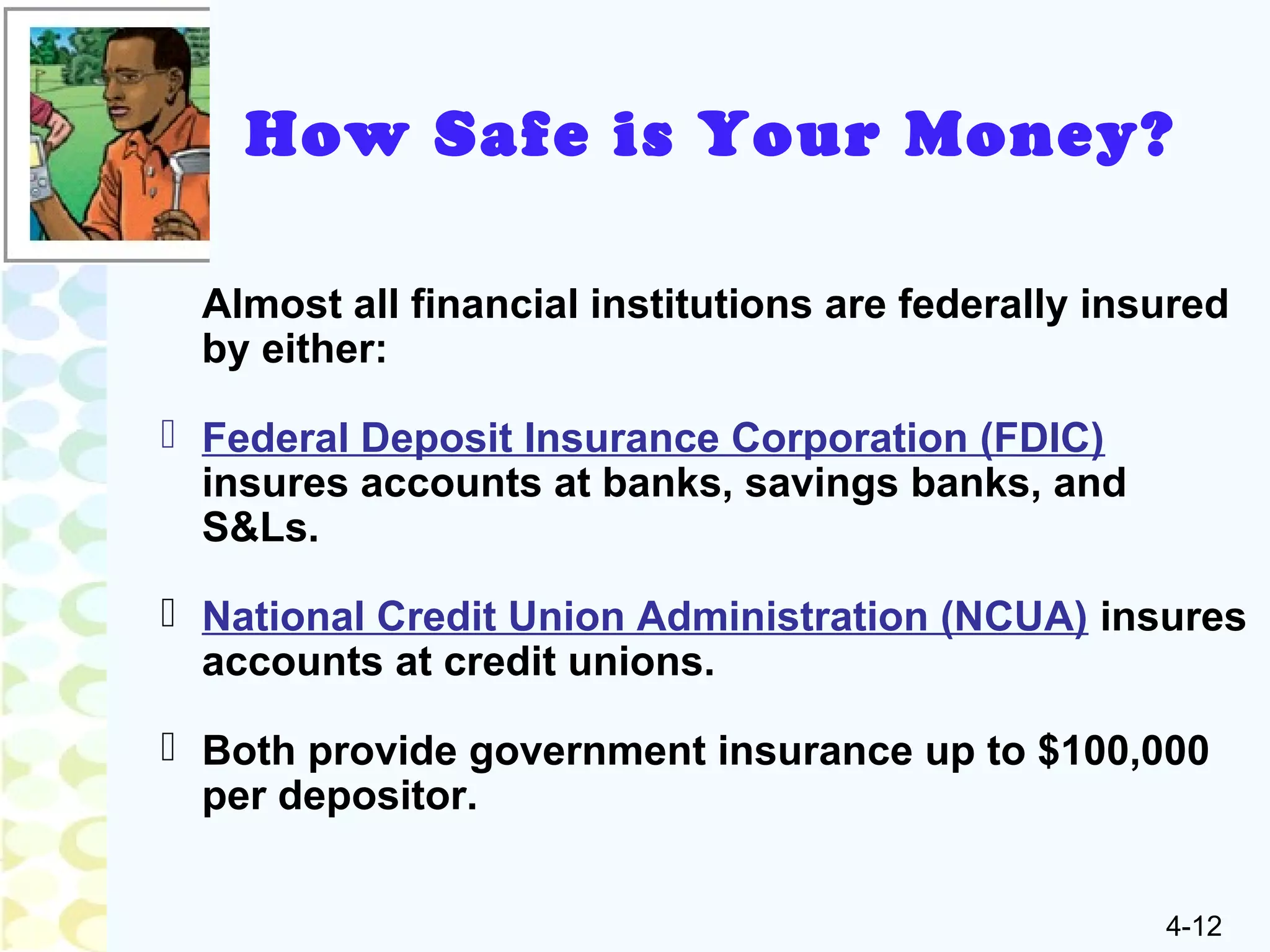 4-12
How Safe is Your Money?
Almost all financial institutions are federally insured
by either:
 Federal Deposit Insurance Corporation (FDIC)
insures accounts at banks, savings banks, and
S&Ls.
 National Credit Union Administration (NCUA) insures
accounts at credit unions.
 Both provide government insurance up to $100,000
per depositor.
 