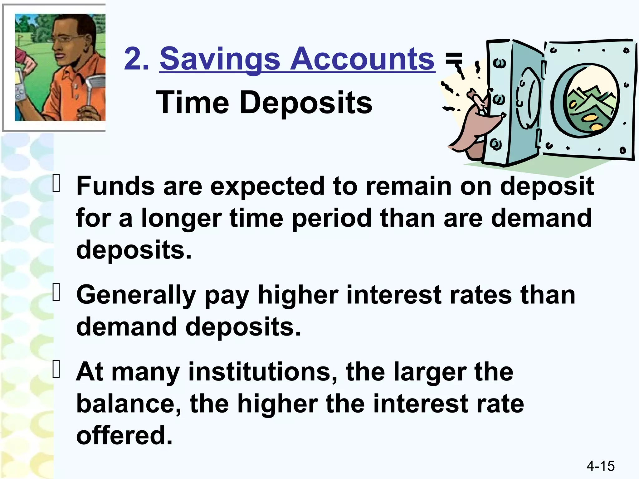 4-15
 Funds are expected to remain on deposit
for a longer time period than are demand
deposits.
 Generally pay higher interest rates than
demand deposits.
 At many institutions, the larger the
balance, the higher the interest rate
offered.
2. Savings Accounts =
Time Deposits
 