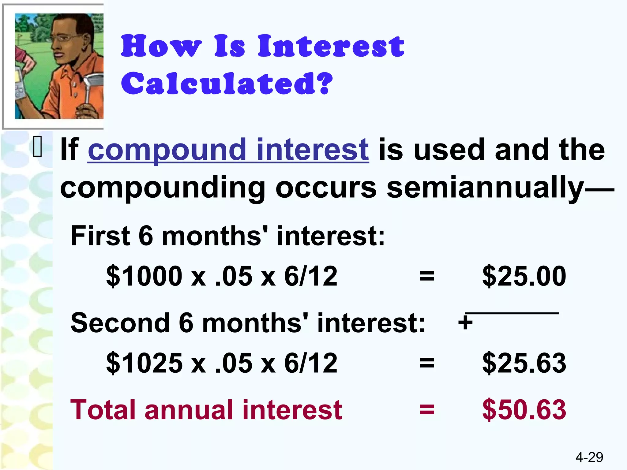 4-29
 If compound interest is used and the
compounding occurs semiannually—
First 6 months' interest:
$1000 x .05 x 6/12 = $25.00
Second 6 months' interest: +
$1025 x .05 x 6/12 = $25.63
Total annual interest = $50.63
How Is Interest
Calculated?
 