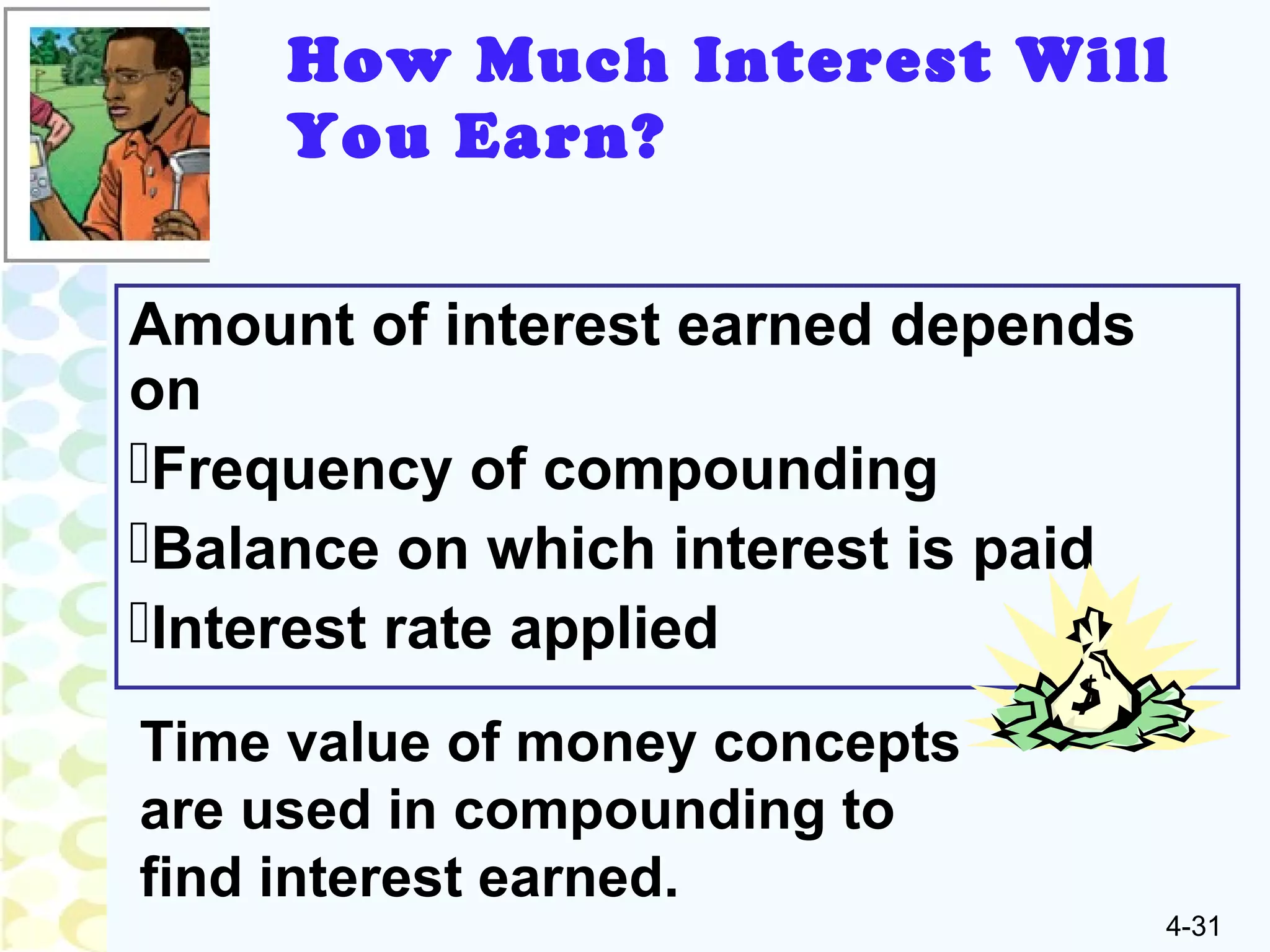 4-31
Amount of interest earned depends
on
Frequency of compounding
Balance on which interest is paid
Interest rate applied
How Much Interest Will
You Earn?
Time value of money concepts
are used in compounding to
find interest earned.
 