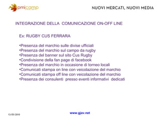 13/05/2010 www.gjav.net INTEGRAZIONE DELLA  COMUNICAZIONE ON-OFF LINE Ex: RUGBY CUS FERRARA Presenza del marchio sulle divise ufficiali Presenza del marchio sul campo da rugby Presenza del banner sul sito Cus Rugby Condivisione della fan page di facebook  Presenza del marchio in occasione di torneo locali Comunicati stampa on line con veicolazione del marchio Comunicati stampa off line con veicolazione del marchio Presenza dei consulenti  presso eventi informativi  dedicati 