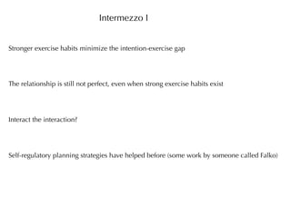 Intermezzo I


Stronger exercise habits minimize the intention-exercise gap




The relationship is still not perfect, even when strong exercise habits exist




Interact the interaction?




Self-regulatory planning strategies have helped before (some work by someone called Falko)
 