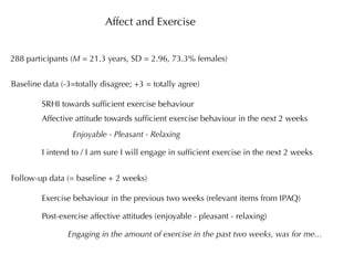 Affect and Exercise


288 participants (M = 21.3 years, SD = 2.96, 73.3% females)


Baseline data (-3=totally disagree; +3 = totally agree)

        SRHI towards sufﬁcient exercise behaviour
        Affective attitude towards sufﬁcient exercise behaviour in the next 2 weeks
                 Enjoyable - Pleasant - Relaxing

        I intend to / I am sure I will engage in sufﬁcient exercise in the next 2 weeks


Follow-up data (= baseline + 2 weeks)

        Exercise behaviour in the previous two weeks (relevant items from IPAQ)

        Post-exercise affective attitudes (enjoyable - pleasant - relaxing)

                Engaging in the amount of exercise in the past two weeks, was for me...
 