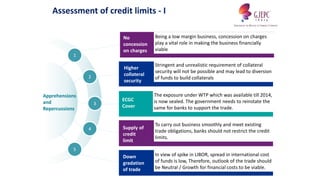 Apprehensions
and
Repercussions
1
2
3
4
5
No
concession
on charges
Down
gradation
of trade
Higher
collateral
security
ECGC
Cover
Supply of
credit
limit
The exposure under WTP which was available till 2014,
is now sealed. The government needs to reinstate the
same for banks to support the trade.
Stringent and unrealistic requirement of collateral
security will not be possible and may lead to diversion
of funds to build collaterals
To carry out business smoothly and meet existing
trade obligations, banks should not restrict the credit
limits.
In view of spike in LIBOR, spread in international cost
of funds is low, Therefore, outlook of the trade should
be Neutral / Growth for financial costs to be viable.
Being a low margin business, concession on charges
play a vital role in making the business financially
viable
Assessment of credit limits - I
 