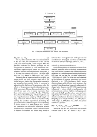 Global J. Environ. Sci. Manage., 1(2): 149-158, Spring 2015V. K. Gupta et al.
150
The pKa
of the reaction is 9.3, which indicated that
at this pH value, the concentration of the ionized
(NH4
+
) and unionized (NH3
) forms is equal. When the
pH of the solution is less than 9.3, hydrogen ions are
incorporated to ammonia to yield ammonium ions.
Therefore, at physiological plasma and intracellular
pH values, virtually only the protonated moiety (NH4
+
)
is present in aqueous solutions (Graham and
MacLean, 1992; Katz et al., 1986;Adeva et al., 2012).
Ammonia has a hazardous and toxic effect on
human health and biotic resources also, only if the
intake becomes higher than the capacity to detoxify
and predefined permissible limits. If ammonia is
administered in the form of its ammonium salts, the
effects of the anion must also be taken into account.
With ammonium chloride, the acidotic effects of the
chloride ion seem to be of greater importance than
those of the ammonium ion (Ryer Powder, 1991).At a
dose of more than 100 mg/kg of body weight per day
(33.7 mg of ammonium ion per kg of body weight per
day), ammonium chloride influences metabolism by
shifting the acid–base equilibrium, disturbing the
glucose tolerance, and reducing the tissue sensitivity
to insulin (Lamm et al., 1999; Sadegh et al., 2014a).
So, Ammonium ion and various ammonium product
based azo dyes compounds are toxic and hazardous
to both the environment and human body, hence to
remove these toxic pollutants and dyes several
adsorbents are developed and these adsorbents has
an excellent removal capacity (Gupta et al., 2015).
Removal of ammonium ions methods
Ion-exchange process has been used in various fields
in recent years (see Table 1), including the ammonium
ions removal from wastewater due to their many unique
properties, suchas high treatment capacity, high removal
efficiency, low cost and fast kinetics (Cooney et al.,
1999; Kanget al.,2004).One ofthemostused compound
as ion-exchanger in removal ammonium was zeolites
(Ćurković et al., 1997). Zeolites are highly porous
alumino-silicates with different cavity structures that
consistofathreedimensionalframeworkand anegatively
charged lattice(Bekkumetal.,1991).Thenegativecharge
is balanced by cations which are exchangeable with
certain cations in solutions. High ion-exchange capacity
and relatively high specific surface areas, and more
importantly their relatively low prices, make zeolites
attractive adsorbents in the removal of ammonium ions
(Sprynskyyetal.,2005;Haralambousetal.,1992;Blocki,
1993; Ning et al., 2008; Zhao et al., 2007). The general
formula of a zeolite is:
Where M+
and M2+
are monavalent and divalent
cations such as Na+
, K+
, and Ca2+
,Mg2+
, Ba2+
,
Fig. 1: Flowchart of ammonium ions removal from wastewater
NH3
+ H+
NH4
+ (1)
(2)(Mx
+
, My
2+
) (Al(x+2y)
Sin - (x+2y)
O2n
). mH2
O
 