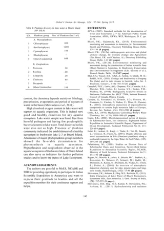 Global J. Environ. Sci. Manage., 1(2): 137-144, Spring 2015
143
content, the chemistry depends mainly on lithology,
precipitation, evaporation and period of sojourn of
water in the basin (Shrivastava et al., 2011).
High dissolved oxygen content in lake water will
support to aquatic organisms. This is indeed very
good and healthy condition for any aquatic
ecosystem. Lake water sample was found free from
harmful pathogens and having few psychrophilic
bacterial counts in lake water. Total dissolved solids
were also not so high. Presence of plankton
community indicated the establishment of a healthy
ecosystem in freshwater lake L-3 at Bharti Island.
Abundance of major phytoplankton group members
showed the favorable circumstances for
photosynthesis in aquatic ecosystem.
Phytoplankton and zooplankton observed in the
aquatic ecosystem of freshwater lakes of Bharti Island
can also serve as indicator for further pollution
studies and to know the status of Lake Ecosystem.
ACKNOWLEDGEMENTS
The authors are grateful to MoES, NCAOR and
SIIR for providing opportunity to participate in Indian
Scientific Expedition to Antarctica and want to
express their gratitude to leaders and all the
expedition members for their continuous support and
helps.
REFERENCES
APHA, (2005). Standard methods for the examination of
water and wastewater. 21st
Ed. American Public Health
Association, APHA, AWWA, WEF, Washington, D. C. pp:
1170.
Bharti, P.K.; Gajananda, Kh., (2013). Environmental
monitoring and assessment in Antarctica, In: Environmental
Health and Problems, Discovery Publishing House, Delhi,
178-186 (9 pages).
Bharti, P.K., (2012a). Anthropogenic activities and global
climate change, In: Climate change and Agriculture
(Eds.Bharti, P.K. and Chauhan, A.), Discovery Publishing
House, Delhi, 1-22 (22 pages).
Bharti, P.K., (2012b). Environmental monitoring and
assessment during the construction of Indian scientific base
(Bharti Station) in Antarctica, In: Biodiversity Conservation
and Environmental Management (Eds. Khanna et al.),
Biotech Books, Delhi, 81-97(17 pages).
Bhat, F.A.; Yousuf, A.R.; Aftab, A.; Arshid, J.; Mahdi, M. D.;
Balkhi, M.H., (2011). Ecology and biodiversity in Pangong
Tso (lake) and its inlet stream in Ladakh, India, Int. J.
Biodivers. Conserv., 3(10): 501-511(11 pages).
Campbell, P.G.C.; Lewis, A.G.; Chapman, P.M.; Crowder, A.A.;
Fletcher, W.K.; Imber, B.; Luoma, S.N.; Stokes, P.M.;
Winfrey, M., (1988). Biologically Available Metals in
Sediments, Publication No. NRCC 27694, National Research
Council of Canada, Ottawa, Canada.
Carrera, G.; Fernandez, P.; Grimalt, J.O.; Ventura, M.;
Camarero, L.; Catalan, J.; Nickus, U.; Thies, H.; Psenner,
R., (2002). Atmospheric deposition of organochlorine
compounds to remote high mountain lakes of Europe,
Environ. Sci. Technol., (36): 2581-2588 (8 pages).
Gibbs, R.J., (1970). Mechanisms Controlling World’s Water
Chemistry, Sci., (170): 1080-1090 (11 pages).
Gupta, R.K., (2002). Morphotaxonomical survey of diatoms
in Schirmacher Oasis, east Antarctica. Eighteenth Indian
Expedition to Antarctica Scientific Report, Department of
Ocean Development, Technical Publication No.16: 213-
226 (14 pages).
Hofer, R.; Lackner, R.; Kargl, J.; Thaler, B.; Tait, D.; Bonetti,
L.; Vistocco, R.; Flaim, G., (2001). Organo-chlorine and
metal accumulation in fish (Phoxinus phoxinus) along a
northsouth transect in the Alps, Water Air Soil Pollut., (125):
189-200 (12 pages).
Palanisamy, M., (2010). Studies on Diatom flora of
Schirmacher Oasis, east Antarctica, Twenty-third Indian
Expedition to Antarctica Scientific Report, NCAOR,
Ministry of Earth Sciences, Technical Publication No.21:
173-190 (18 pages).
Rogora, M.; Mosello, R.; Arisci, S.; Brizzio, M.C.; Barbieri, A.;
Balestrini, R.; Waldner, P.; Schmitt, M.; Stahli, M.;
Thimonier, A.; Kalina, M.; Puxbaum, H.; Nickus, U.; Ulrich,
E.; Probst, A., (2006). An overview of atmospheric
deposition chemistry over the Alps: present status and long-
term trends, Hydrobiologia, (562): 17-40 (24 pages).
Shrivastava, P.K.; Asthana, R.; Beg, M.J.; Ravindra, R., (2011).
Ionic Characters of Lake Water of Bharti Promontory,
Larsemann Hills, East Antarctica. J. Geol. Society of India,
(78): 217-225 (9 pages).
Shrivastava, H.B.; Beg, M.J.; Kumar, P.; Shrivastava, P.K.;
Asthana, R. , (2013). Hydrochemistry and sediment
Table 4: Plankton diversity in lake water at Bharti Island
(30th
ISEA)
1
2
3
4
5
A. Phytoplankton
Chlorophyacae
Basillariophyace
Cyanophyacae
Rhodophyacae
Others/Unidentified
400
1200
100
-
800
1
2
3
4
5
6
B. Zooplankton
Protozoa
Rotifera
Copepoda
Cladocera
Decapoda
Others/Unidentified
20
20
20
40
-
160
S.N. Plankton group Nos. of Plankton (Ind./ m3
)
 