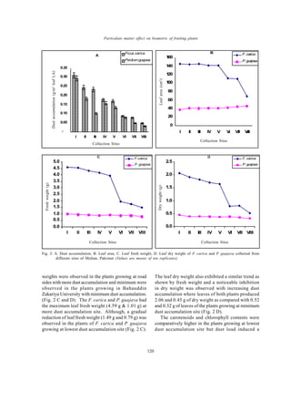 Global J. Environ. Sci. Manage., 1(2): 117-124, Spring 2015
120
Particulate matter effect on biometric of fruiting plants
weights were observed in the plants growing at road
sides with more dust accumulation and minimum were
observed in the plants growing in Bahauddin
Zakariya University with minimum dust accumulation.
(Fig. 2 C and D). The F. carica and P. guajava had
the maximum leaf fresh weight (4.59 g & 1.01 g) at
more dust accumulation site. Although, a gradual
reduction of leaf fresh weight (1.49 g and 0.79 g) was
observed in the plants of F. carica and P. guajava
growing at lowest dust accumulation site (Fig. 2 C).
The leaf dry weight also exhibited a similar trend as
shown by fresh weight and a noticeable inhibition
in dry weight was observed with increasing dust
accumulation where leaves of both plants produced
2.06 and 0.45 g of dry weight as compared with 0.52
and 0.32 g of leaves of the plants growing at minimum
dust accumulation site (Fig. 2 D).
The carotenoids and chlorophyll contents were
comparatively higher in the plants growing at lowest
dust accumulation site but dust load induced a
A
-
0.05
0.10
0.15
0.20
0.25
0.30
0.35
I II III IV V VI VII VIII
Collection sites
Dustaccumulation(g/m2leafLA) Ficus carica
Psidiumguajava
0
20
40
60
80
100
120
140
160
I II III IV V VI VII VIII
Collectionsites
Leafarea(cm2)
F. carica
P. guajava
B
0.0
0.5
1.0
1.5
2.0
2.5
3.0
3.5
4.0
4.5
5.0
I II III IV V VI VII VIII
Collection sites
Freshweight(g)
F.carica
P. guajava
C
0.0
0.5
1.0
1.5
2.0
2.5
I II III IV V VI VII VIII
Collectionsites
Dryweight(g)
F. carica
P. guajava
D
Fig. 2: A. Dust accumulation, B. Leaf area, C. Leaf fresh weight, D. Leaf dry weight of F. carica and P. guajava collected from
different sites of Multan, Pakistan (Values are means of ten replicates)
Collection Sites Collection Sites
Collection Sites
Collection Sites
Freshweight(g)
Dryweight(g)
Dustaccumulation(g/m2
leafLA)
Leafarea(cm2
)
 