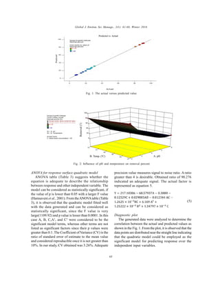 Global J. Environ. Sci. Manage., 2(1): 61-68, Winter 2016
65
ANOVA for response surface quadratic model
ANOVA table (Table 3) suggests whether the
equation is adequate to describe the relationship
between response and other independent variable. The
model can be considered as statistically significant, if
the value of p is lower than 0.05 with a larger F value
(Hamsaveni et al., 2001). From theANOVAtable (Table
3), it is observed that the quadratic model fitted well
with the data generated and can be considered as
statistically significant, since the F value is very
large(1109.92) and p value is lesser than 0.0001. In this
case A, B, C,A2
, and C2
were considered to be the
significant model terms, whereas other terms are not
listed as significant factors since their p values were
greater than 0.1. The Coefficient of Variance (CV) is the
ratio of standard error of estimate to the mean value
and considered reproducible once it is not greater than
10%. In our study, CV obtained was 3.26%. Adequate
Fig. 1: The actual versus predicted value
Fig. 2: Influence of pH and temperature on removal percent
precision value measures signal to noise ratio. A ratio
greater than 4 is desirable. Obtained ratio of 90.276
indicated an adequate signal. The actual factor is
represented as equation 5.
(5)
Diagnostic plot
The generated data were analyzed to determine the
correlation between the actual and predicted values as
shown in the Fig. 1. From the plot, it is observed that the
data points are distributed near the straight line indicating
that the quadratic model could be employed as the
significant model for predicting response over the
independent input variables.
 