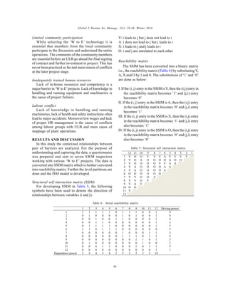 Global J. Environ. Sci. Manage., 2(1): 39-48, Winter 2016
43
Limited community participation
While selecting the ‘W to E’ technology it is
essential that members from the local community
participate in the discussion and understand the entire
operations. The comments of the community members
are essential before an ULB go ahead for final signing
of contract and further investment in project. This has
never been practiced so far and main reason of conflicts
at the later project stage.
Inadequately trained human resources
Lack of in-house resources and competency is a
major barrier in ‘W to E’ projects. Lack of knowledge in
handling and running equipment and machineries is
the cause of project failures.
Labour conflict
Lack of knowledge in handling and running
machineries, lack of health and safety instructions often
lead to major accidents. Moreover low wages and lack
of proper HR management is the cause of conflicts
among labour groups with ULB and main cause of
stoppage of plant operations.
RESULTS AND DISCUSSION
In this study the contextual relationships between
pair of barriers are analyzed. For the purpose of
understanding and capturing the data, a questionnaire
was prepared and sent to seven SWM inspectors
working with various ‘W to E’ projects. The data is
converted into SSIM matrix which is further converted
into reachibility matrix. Further the level partitions are
done and the ISM model is developed.
Structural self interaction matrix (SSIM)
For developing SSIM in Table 5, the following
symbols have been used to denote the direction of
relationships between variables (i and j):
V: i leads to j but j does not lead to i
A: i does not lead to j but j leads to i
X: i leads to j and j leads to i
O: i and j are unrelated to each other
Reachibility matrix
The SSIM has been converted into a binary matrix
i.e., the reachibility matrix (Table 6) by substituting V,
A, X and O by 1 and 0. The substitutions of ‘1’ and ‘0’
are done as below:
I. If the (i, j) entry in the SSIM is V, then the (i,j) entry in
the reachibility matrix becomes ‘1’ and (j,i) entry
becomes ‘0’
II. If the (i, j) entry in the SSIM isA, then the (i,j) entry
in the reachibility matrix becomes ‘0’ and (j,i) entry
becomes ‘1’
III. If the (i, j) entry in the SSIM is X, then the (i,j) entry
in the reachibility matrix becomes ‘1’ and (j,i) entry
also becomes ‘1’
IV. If the (i, j) entry in the SSIM is O, then the (i,j) entry
in the reachibility matrix becomes ‘0’ and (j,i) entry
also becomes ‘0’
Table 5: Structural self interaction matrix
12 11 10 9 8 7 6 5 4 3 2 1
1 V O O V V V A V V V V
2 V O A O O O O A O O
3 V O O O O V V A A
4 V A O O O O A A
5 V A O O O O A
6 O O O O O O
7 V V O O A
8 V V O V
9 V A V
10 O O
11 V
12
Table 6: Initial reachibility matrix
1 2 3 4 5 6 7 8 9 10 11 12 Driving power
1 1 1 1 1 1 0 1 1 1 0 0 1 9
2 0 1 0 0 0 0 1 0 1 0 0 1 4
3 0 0 1 0 0 1 1 0 0 0 0 1 4
4 0 0 1 1 0 0 0 0 0 0 0 1 3
5 0 1 1 1 1 0 0 0 0 0 0 1 5
6 1 1 0 1 1 1 0 0 0 0 0 0 5
7 0 0 0 0 0 0 1 0 0 0 1 1 3
8 0 0 0 0 0 0 1 1 1 0 1 1 5
9 0 0 0 0 0 0 0 0 1 1 0 1 3
10 0 1 0 0 0 0 0 0 0 1 0 0 2
11 0 0 0 1 1 0 0 0 1 0 1 1 5
12 0 0 0 0 0 0 0 0 0 0 0 1 1
Dependence power 2 5 4 5 4 2 5 2 5 2 3 10
 