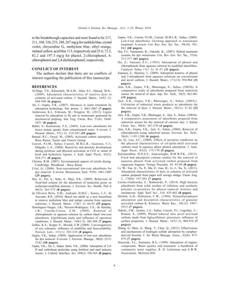 Global J. Environ. Sci. Manage., 2(1): 1-10, Winter 2016
9
to the breakthrough capacities and were found to be 217,
211,104,126,233,248,267mg/gformeldolablue,crystal
violet, chrysoidine G., methylene blue, ethyl orange,
metanil yellow,acid blue113, respectivelyand 25.6,72.2,
82.2 and 197.3 mg/g for phenol, 2-chlorophenol, 4-
chlorophenol and 2,4-dichlorophenol, respectively.
CONFLICT OF INTEREST
The authors declare that there are no conflicts of
interest regarding the publication of this manuscript.
REFERENCES
Al-Degs, Y.S.; Khraisheh, M.A.M.; Allen S.J.; Ahmad, M.N.,
(2009). Adsorption characteristics of reactive dyes in
columns of activated carbon. J. Hazard. Mater., 165(1–3):
944-949 (6 pages).
Ali, I.; Gupta, V.K., (2007). Advances in water treatment by
adsorption technology. Nat. protoc. 1: 2661-2667 (7 pages).
Andersson, K.I.; Eriksson, M.; Norgren, M.; (2012). Lignin
removal by adsorption to fly ash in wastewater generated by
mechanical pulping. Ind. Eng. Chem. Res. 51(8): 3444-
3451 (8 pages).
Babel, S.; Kurniawan, T.A., (2003). Low-cost adsorbents for
heavy metals uptake from contaminated water: A review. J.
Hazard. Mater., 97(1-3): 219-243 (25 pages).
Bansal, R.C.; Goyal, M., (2005). Activated carbon adsorption.
Boca Raton, Taylor and Francis Group.
Carrott, P.J.M.; Suhas; Carrott, M.M.L.R.; Guerrero, C.I.;
Delgado, L.A., (2008). Reactivity and porosity development
during pyrolysis and physical activation in CO2 or steam of
kraft and hydrolytic lignins. J. Anal. Appl. Pyrol., 82(2):
264-271 (8 pages).
Christie, R.M. (2007). Environmental aspects of textile dyeing.
Cambridge, Woodhead ; Boca Raton.
Crini, G., (2006). Non-conventional low-cost adsorbents for
dye removal: A review. Bioresource Tech. 97(9): 1061-1085
(25 pages).
Das, A.; Pal, A.; Saha, S.; Maji, S.K., (2009). Behaviour of
fixed-bed column for the adsorption of malachite green on
surfactant-modified alumina. J. Environ. Sci. Health, Part A
44(3): 265-272 (8 pages).
de Oliveira Brito, S.M.; Andrade, H.M.C.; Soares, L.F.; de
Azevedo, R.P., (2010). Brazil nut shells as a new biosorbent
to remove methylene blue and indigo carmine from aqueous
solutions. J. Hazard. Mater., 174(1–3): 84-92 (25 pages).
Domínguez-Vargas, J.R.; Navarro-Rodríguez, J.A.; de Heredia,
J.B.; Cuerda-Correa, E.M., (2009). Removal of
chlorophenols in aqueous solution by carbon black low-cost
adsorbents. Equilibrium study and influence of operation
conditions. J. Hazard. Mater., 169(1-3): 302-308 (7 pages).
Golka, K.S.; Kopps S.; Myslak Z.W.,(2004). Carcinogenicity
of azo colorants: influence of solubility and bioavailability.
Toxicol. Lett., 151(1): 203-210 (8 pages).
Gupta, V.K.; Suhas, (2009). Application of low-cost adsorbents
for dye removal: A review. J. Environ. Manage., 90(8): 2313-
2342 (30 pages).
Gupta, V.K.; Ali, I.; Suhas; Saini, V.K., (2006). Adsorption of 2,4-
D and carbofuran pesticides using fertilizer and steel industry
wastes. J. Colloid. Interface. Sci. 299(2): 556-563 (8 pages).
Gupta, V.K.; Carrott, P.J.M.; Carrott, M.M.L.R.; Suhas, (2009).
Low-Cost adsorbents: Growing approach to wastewater
treatment: A review. Crit. Rev. Env. Sci. Tec., 39(10): 783-
842 (60 pages).
Hai, F.I.; Yamamoto, K.; Fukushi, K., (2007). Hybrid treatment
systems for dye wastewater. Crit. Rev. Env. Sci. Tec., 37(4):
315-377 (63 pages).
Hu, Z.; Vansant, E.F., (1993). Adsorption of phenol and
chlorophenols from aqueous solution by modified elutrilithes.
Catalysis Today 17(1–2): 41-51 (11 pages).
Ioannou, Z.; Simitzis, J., (2009). Adsorption kinetics of phenol
and 3-nitrophenol from aqueous solutions on conventional
and novel carbons. J. Hazard. Mater., 171(13): 954-964 (11
pages).
Jain, A.K.; Gupta, V.K.; Bhatnagar, A.; Suhas, (2003b). A
comparative study of adsorbents prepared from industrial
wastes for removal of dyes. Sep. Sci. Tech., 38(2): 463-481
(19 pages).
Jain, A.K.; Gupta, V.K.; Bhatnagar, A.; Suhas, (2003c).
Utilization of industrial waste products as adsorbents for
the removal of dyes. J. Hazard. Mater., 101(1): 31-42 (12
pages).
Jain, A.K.; Gupta, V.K.; Bhatnagar, A.; Jain, S.; Suhas, (2003a).
A comparative assessment of adsorbents prepared from
industrial wastes for the removal of cationic dye. J. Indian
Chem. Soc., 80(4): 267-270 (4 pages).
Jain, A.K.; Gupta, V.K.; Jain, S.; Suhas, (2004). Removal of
chlorophenols using industrial wastes. Environ. Sci. Tech.,
38(4): 1195-1200 (6 pages).
Jia, Q.; Lua, A.C., (2008). Effects of pyrolysis conditions on
the physical characteristics of oil-palm-shell activated
carbons used in aqueous phase phenol adsorption. J. Anal.
Appl. Pyrol., 83(2): 175-179 (5 pages).
Karunarathne, H.D.S.S.; Amarasinghe, B.M.W.P.K., (2013).
Fixed bed adsorption column studies for the removal of
aqueous phenol from activated carbon prepared from
sugarcane bagasse. Energy Procedia, 34: 83-90 (8 pages).
Li, W.; Yue, Q.; Tu, P.; Ma, Z.; Gao, B.; Li, J.; Xu, X., (2011).
Adsorption characteristics of dyes in columns of activated
carbon prepared from paper mill sewage sludge. Chem. Eng.
J., 178(0): 197-203 (7 pages).
Lorenc-Grabowska, E.; Rutkowski, P., (2014). High basicity
adsorbents from solid residue of cellulose and synthetic
polymer co-pyrolysis for phenol removal: kinetics and
mechanism. Appl. Surf. Sci., 316: 435-442 (8 pages).
Mollah, A.H.; Robinson, C.W., (1996). Pentachlorophenol
adsorption and desorption characteristics of granular
activated carbon-II. Kinetics. Water Res., 30(12): 2907-
2913 (7 pages).
Nabais, J.M.; Gomes, J.A.; Suhas; Carrott, P.J.; Laginhas, C.;
Roman, S., (2009). Phenol removal onto novel activated
carbons made from lignocellulosic precursors: influence of
surface properties. J. Hazard. Mater., 167(1-3): 904-910 (7
pages).
Shang, G.; Shen, G.; Wang, T.; Chen, Q., (2012). Effectiveness
and mechanisms of hydrogen sulfide adsorption by camphor-
derived biochar. J. Air Waste Manage. Assoc., 62(8): 873-
879 (7 pages).
Snoeyink, V.L.; Summers, R.S., (1999). Adsorption of organic
compounds. Water quality and treatment: a handbook of
community water supplies. R. D. Letterman and A.W.W.
Association, McGraw-Hill.
 