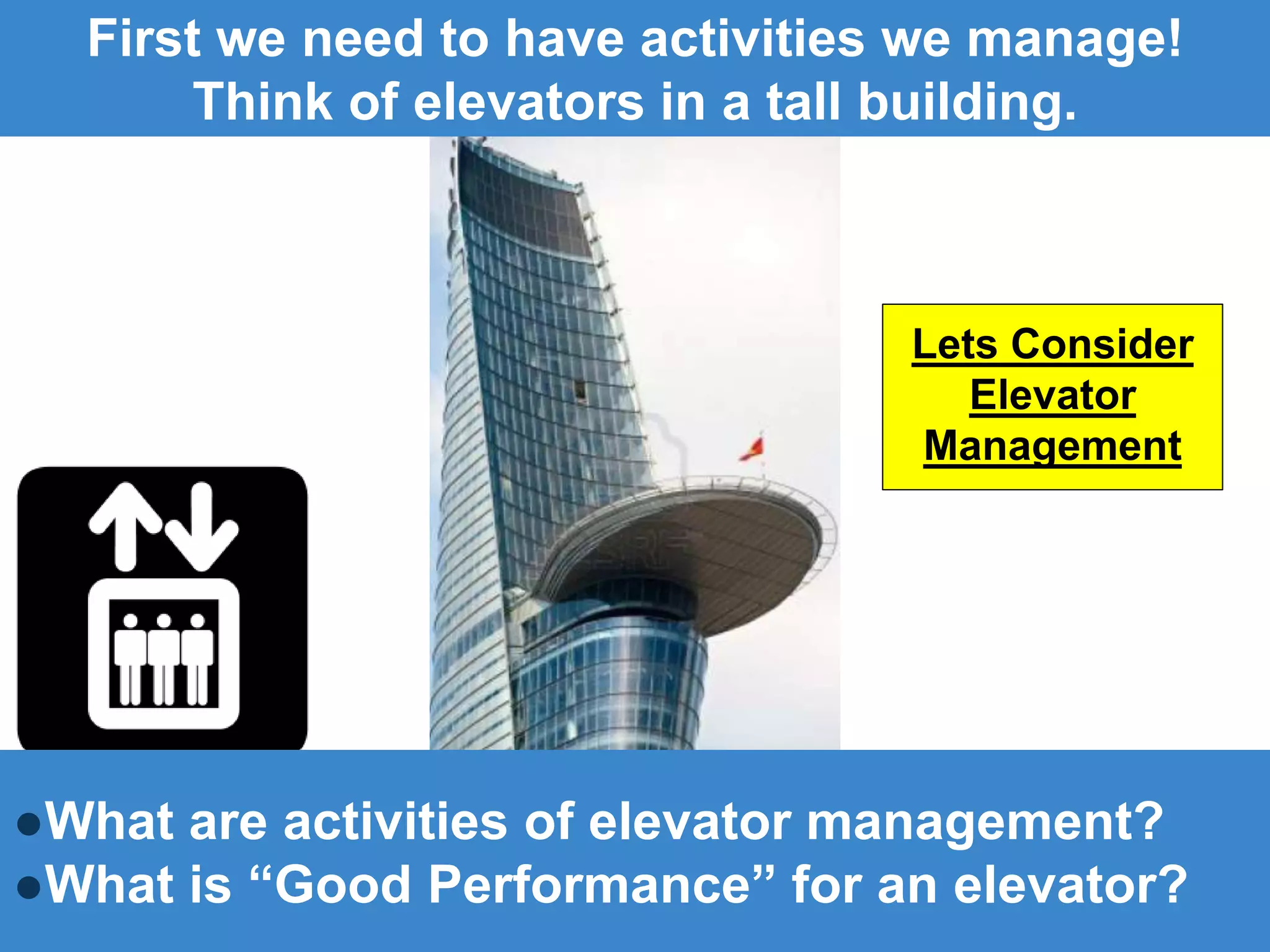 First we need to have activities we manage!
Think of elevators in a tall building.
●What are activities of elevator management?
●What is “Good Performance” for an elevator?
Lets Consider
Elevator
Management
 