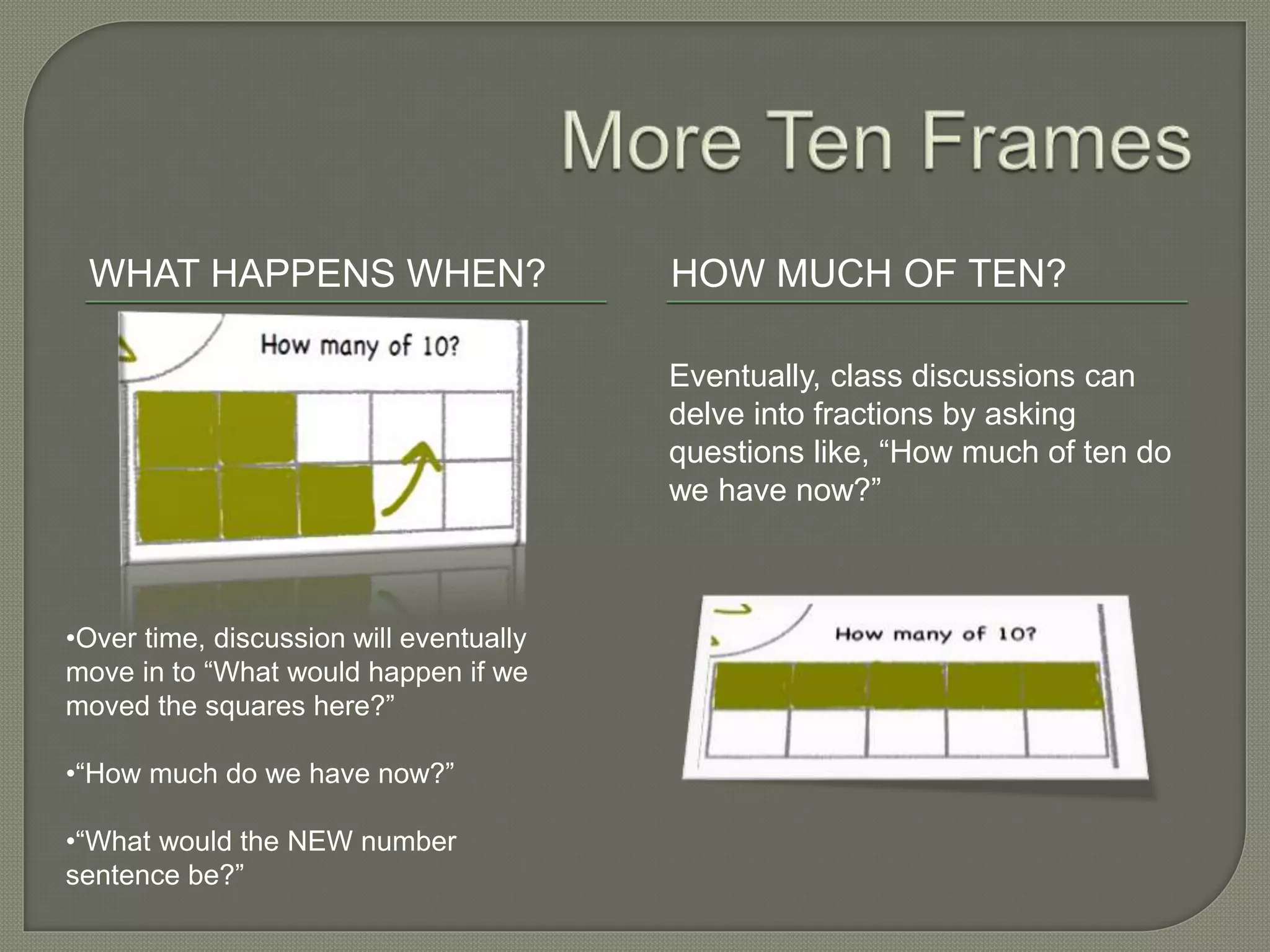 WHAT HAPPENS WHEN? HOW MUCH OF TEN? 
•Over time, discussion will eventually 
move in to “What would happen if we 
moved the squares here?” 
•“How much do we have now?” 
•“What would the NEW number 
sentence be?” 
Eventually, class discussions can 
delve into fractions by asking 
questions like, “How much of ten do 
we have now?” 
 