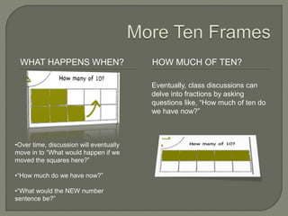 WHAT HAPPENS WHEN? HOW MUCH OF TEN? 
•Over time, discussion will eventually 
move in to “What would happen if we 
moved the squares here?” 
•“How much do we have now?” 
•“What would the NEW number 
sentence be?” 
Eventually, class discussions can 
delve into fractions by asking 
questions like, “How much of ten do 
we have now?” 
 