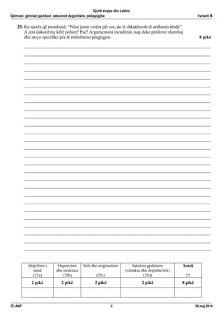 Gjuhë shqipe dhe Letërsi
Gjimnazi, gjimnazi gjuhësor, seksionet dygjuhëshe, pedagogjike Varianti A
 AKP 8 30 maj 2014
25. Ka njerëz që mendojnë: “Nëse jeton vetëm për sot, do të shkatërrosh të ardhmen tënde”.
A jeni dakord me këtë pohim? Pse? Argumentoni mendimin tuaj duke përdorur shembuj
dhe arsye specifike për të mbështetur përgjigjen. 8 pikë
___________________________________________________________________________________
___________________________________________________________________________________
___________________________________________________________________________________
___________________________________________________________________________________
___________________________________________________________________________________
___________________________________________________________________________________
___________________________________________________________________________________
___________________________________________________________________________________
___________________________________________________________________________________
___________________________________________________________________________________
___________________________________________________________________________________
___________________________________________________________________________________
___________________________________________________________________________________
___________________________________________________________________________________
___________________________________________________________________________________
___________________________________________________________________________________
___________________________________________________________________________________
___________________________________________________________________________________
___________________________________________________________________________________
___________________________________________________________________________________
___________________________________________________________________________________
___________________________________________________________________________________
___________________________________________________________________________________
___________________________________________________________________________________
___________________________________________________________________________________
___________________________________________________________________________________
___________________________________________________________________________________
Shtjellimi i
idesë
(25a)
Organizimi
dhe struktura
(25b)
Stili dhe origjinaliteti
(25c)
Saktësia gjuhësore
(sintaksa dhe drejtshkrimi)
(25d)
Totali
25
2 pikë 2 pikë 2 pikë 2 pikë 8 pikë
 