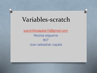 Variables-scratch
juanchitozapata10@gmail.com
Nicolas esguerra
807
Juan sebastian zapata
 