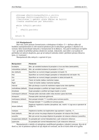 Avni Rexhepi                                                                               Ushtrime në C++




        ofstream oFajlli(outputFajlli.c_str());
        ifstream iFajlli(inputFajlli.c_str());
        //Verifikimi i gabimit gjate hapjes se fajllit
        //eshte anashkaluar per shkurtesi.

        while (iFajlli.get(ch))
        {
            oFajlli.put(ch);
        }

       return 0;
}

       I/O Manipulatorët
       Deri tani, kemi pranuar formatizimin e nënkuptuar të daljes. C++ definon edhe një
bashkësi manipulatorësh të cilët mund të përdoren për të ndryshuar gjendjen ë objekteve të
iostram. Këto kontrollojnë mënyrën e formatizimit të të dhënave. Ato janë të definuara në fajllin
<ios> që duhet të prfshihet përmes direktivës include. Zakonisht, nuk është e nevojshme të
përfshihet në mëryrë eksplicite, pasi që në mënyrë indirekte është i përfshirë përmes librarive
tjera, si <iostream>.
       Manipulatorët dhe mënyrë e veprimit të tyre:


Manipulatori            Përdorimi
boolalpha               Bën, që variablat booleane të paraqiten si true ose false (tekstualisht).
noboolalhpa (default)   Bën, që variablat booleane të paraqiten si 0 ose 1.
dec (default)           Specifikon se numrat (integer) paraqiten në bazën 10.
Hex                     Specifikon se numrat (integer) paraqiten si heksadecimal (në bazën 16).
Oct                     Specifikon se numrat (integer) paraqiten si oktal (në bazën 8).
Left                    Teksti në fushën dalëse rreshtohet majtas .
Right                   Teksti në fushën dalëse rreshtohet djathtas.
Internal                Bën që shenja e numrit të rreshtohet majtas kurse vlera djathtas.
noshoëbase (default)    Çkyqë paraqitjen e prefiksit që tregon bazën e numrit.
showbase                Kyqë paraqitjen e prefiksit që tregon bazën e numrit.
noshowpoint (default)   Paraqet pikën decimale vetëm nëse ekziston pjesa decimale.
showpoint               Paraqet pikën decimale gjithmonë.
noshowpos (default)     Nuk paraqet shenjën "+" si prefiks para numrave pozitiv.
showpos                 Paraqet shenjën "+" si prefiks të numrave pozitiv.
                        Kapërcen hapësirat e bardha (zbrazëtirat, tab, rreshti i ri) nga ana e operatorit të
skipes (default)        hyrjes >>.

noskipes                Hapësirat e bardha nuk kapërcehen nga operatori i nxjerres, >>.
fixed (default)         Bën që numrat me presje dhjetore të paraqiten në notacion fiks (fixed).
scientific              Bën që numrat me presje dhjetore të paraqiten në notacion shkencor (scientific).
nouppercase (default)   0x paraqitet për numrat heksadecimal, e për notacionin shkencor.
uppercase               0x paraqitet për numrat heksadecimal, E për notacionin shkencor.
      Manipulatorët e tabelës së mësipërme modifikojnë gjendjen e objektit iostream. Kjo do të
thotë se, kur të përdoren njëherë në një objekt në iostream, ata do të kenë efekt në të gjitha


                                                                                                         133
 