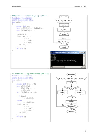Avni Rexhepi                                                Ushtrime në C++




//Formimi i vektorit prej vektori         Fillimi
#include <iostream>
using namespace std;                 n,(ai,i=1,n)
int main()
{                                           i=1
    const int n=4;
    int i,A[n]={1,2,3,4},B[n];
    for (i=0;i<n;i++)                      bi=2ai
    {
      B[i]=2*A[i];                          i,bi
      cout << "B["
            << i                           i=i+1
            << "]="
                                     Po
            << B[i]                        i  n
       << "n";                                Jo
    }                                      Fundi
    return 0;
}




// Bashkimi i dy vektoreve G=B & A                  Fillimi
#include <iostream>
using namespace std;                  m,n,(ai,i=1,n),(bi,i=1,m)
int main()
{                                                     i=1
    const int m=3,n=2;
    int A[n]={1,2},
                                              Po               Jo
         B[m]={3,4,5},                               i  m
         i,G[m+n];
    for (i=0;i<m+n;i++)                   gi=bi                 gi=ai-m
    {
      if (i<m)
            G[i]=B[i];                               i,gi
      else
            G[i]=A[i-m];                            i=i+1
      cout << "G["                         Po
             << i                                   i(m+n)
             << "]="                                     Jo
             << G[i]
                                                     Fundi
       << "n";
    }
    return 0;
}




                                                                          50
 