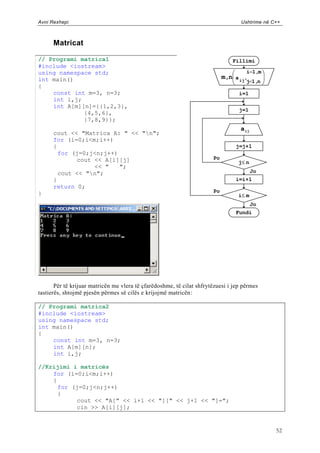 Avni Rexhepi                                                                       Ushtrime në C++



      Matricat

// Programi matrica1                                                           Fillimi
#include <iostream>
using namespace std;                                                                 i 1,m
int main()                                                                  m,n a ij,
                                                                                     j 1,n
{
    const int m=3, n=3;                                                           i=1
    int i,j;
    int A[m][n]={{1,2,3},
                                                                                  j=1
             {4,5,6},
             {7,8,9}};
                                                                                  a ij
      cout << "Matrica A: " << "n";
      for (i=0;i<m;i++)
      {                                                                         j=j+1
        for (j=0;j<n;j++)
             cout << A[i][j]                                           Po
                                                                                  jn
                  << "    ";
        cout << "n";                                                                    Jo
      }                                                                         i=i+1
      return 0;
}                                                                      Po
                                                                                  im
                                                                                         Jo
                                                                                Fundi




       Për të krijuar matricën me vlera të çfarëdoshme, të cilat shfrytëzuesi i jep përmes
tastierës, shtojmë pjesën përmes së cilës e krijojmë matricën:

// Programi matrica2
#include <iostream>
using namespace std;
int main()
{
    const int m=3, n=3;
    int A[m][n];
    int i,j;

//Krijimi i matricës
    for (i=0;i<m;i++)
    {
      for (j=0;j<n;j++)
      {
           cout << "A[" << i+1 << "][" << j+1 << "]=";
           cin >> A[i][j];


                                                                                                52
 